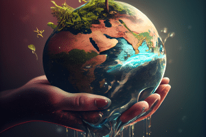 Hand holding globe with tree spouting from it